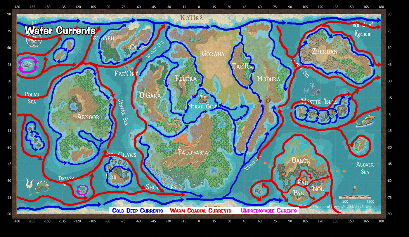 Worlde of Legends™ KAENDOR™ Worlde Map - WATER CURRENTS