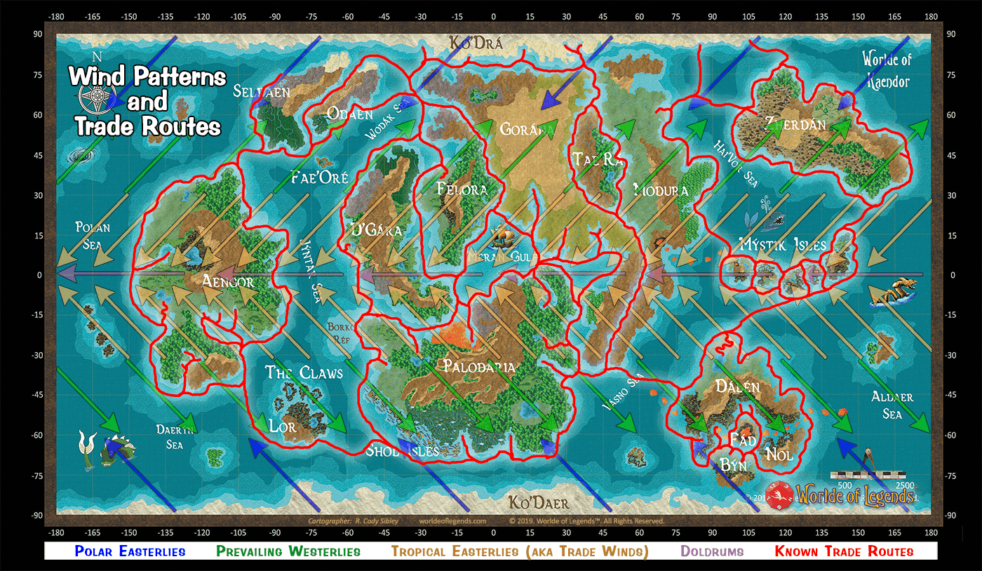Worlde of Legends™ KAENDOR™ Worlde Map - WIND PATTERNS AND TRADE ROUTES