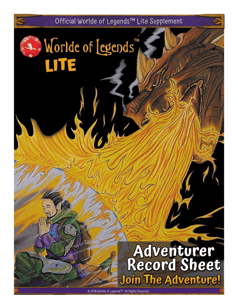 Worlde of Legends™ LITE Easy Start Adventurer Record Sheet - Fillable PDF Form